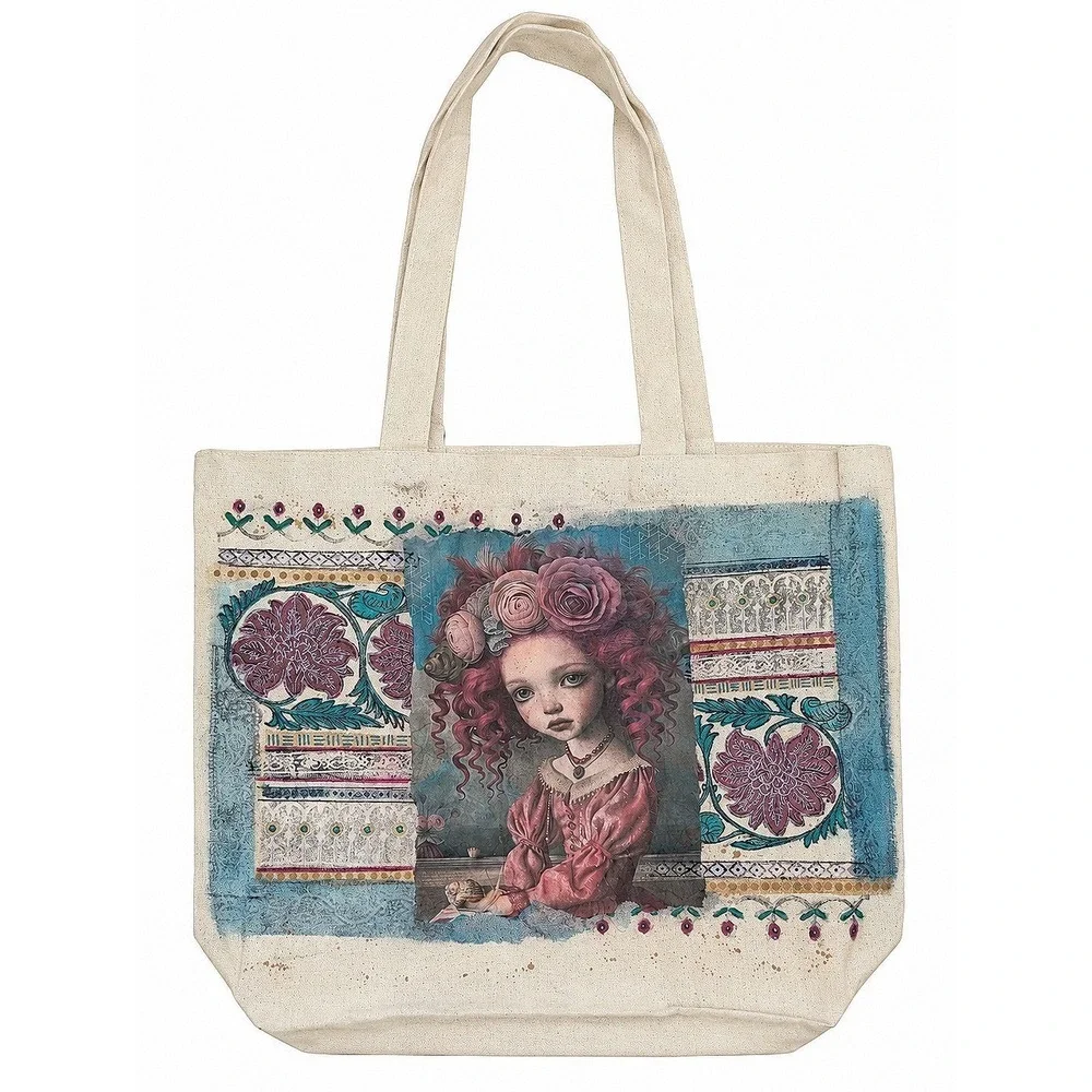 Decoupage Canvas Tote Bag Pink Hair Girl Floral Rose Portrait Boho Art